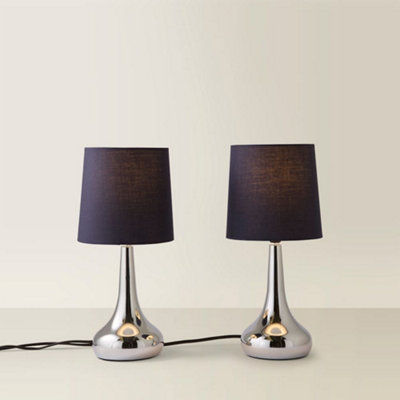 Pair - Silver Chrome Teardrop Touch Dimmer Table Lamps with Navy Blue ...