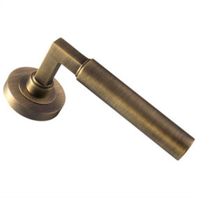 PAIR Straight Round Bar Handle on Round Rose Concealed Fix Antique Brass