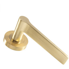 PAIR Straight Rounded Handle on Round Rose Concealed Fix Satin Brass