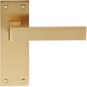 PAIR Straight Square Handle on Slim Latch Backplate 150 x 50mm Satin Brass