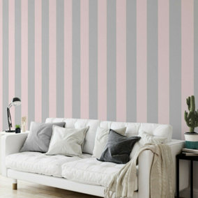 Pale Pink Metallic Silver Bold Lance Stripe Feature Stripes Wallpaper WD0080