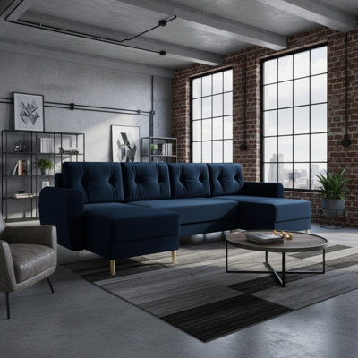 PALERMO U Corner Sofa Bed with Storage Blue Upholstery Spacious Design ...