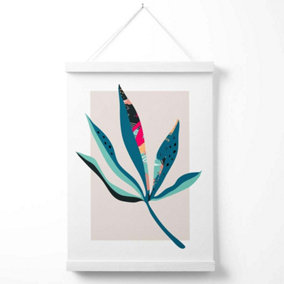 Palm Leaf Blue and Pink Boho Botanical Poster with Hanger / 33cm / White