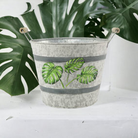 Palm Leaf Tin Pail Decorative Planter With Handles. H15.5 cm