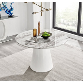 Palma 120cm Round White Marble Effect Dining Table with Pedestal Pillar Base in Semi-Matte Finish for Modern Dining Room