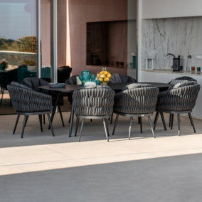 Palma 8 Seat Oval Dining Set with Wide Rope Weave and Ceramic Table in Grey