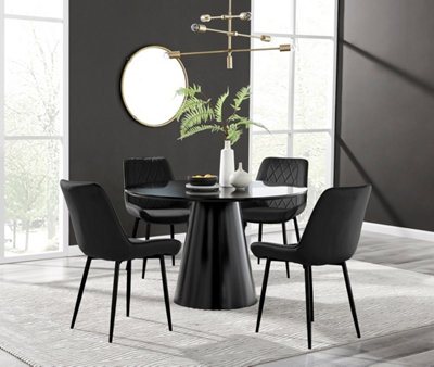 Palma Black Semi Gloss Round Dining Table & 4 Black Pesaro Black Leg