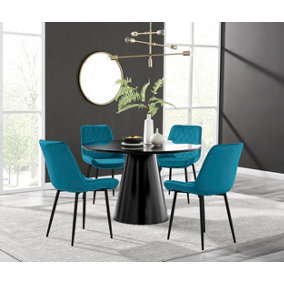 Palma Black Semi Gloss Round Dining Table & 4 Blue Pesaro Black Leg Chairs
