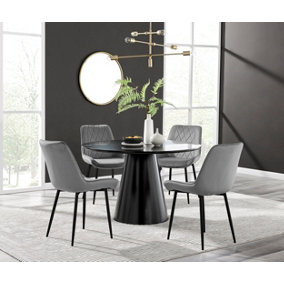 Palma Black Semi Gloss Round Dining Table & 4 Grey Pesaro Black Leg Chairs