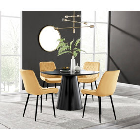 Palma Black Semi Gloss Round Dining Table & 4 Mustard Pesaro Black Leg Chairs