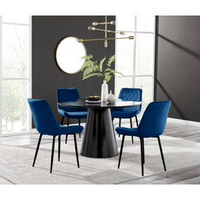 Palma Black Semi Gloss Round Dining Table & 4 Navy Pesaro Black Leg Chairs