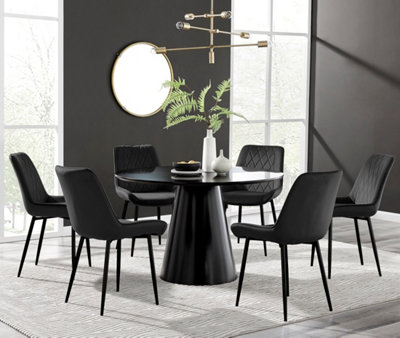 Palma Black Semi Gloss Round Dining Table & 6 Black Pesaro Black Leg Chairs