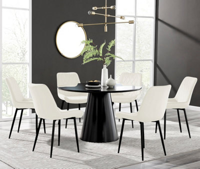 Palma Black Semi Gloss Round Dining Table 6 Cream Pesaro Black Leg Chairs