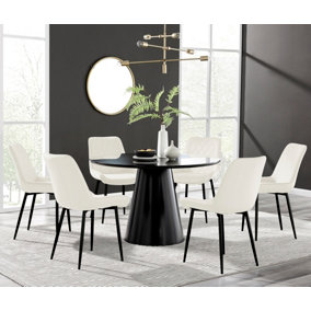 Palma Black Semi Gloss Round Dining Table & 6 Cream Pesaro Black Leg Chairs