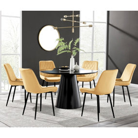 Palma Black Semi Gloss Round Dining Table & 6 Mustard Pesaro Black Leg Chairs