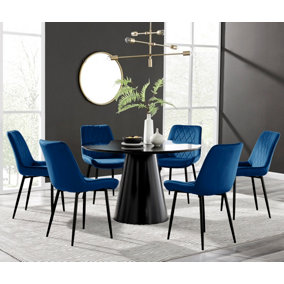 Palma Black Semi Gloss Round Dining Table & 6 Navy Pesaro Black Leg Chairs