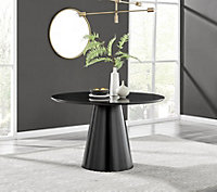 Palma Round Black 6 Seat Dining Table with Pedestal Pillar Base and Semi-Matte Finish for Modern Minimalist Industrial Look
