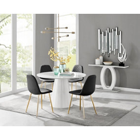Palma White High Gloss Round Dining Table & 4 Black Corona Gold Leg Chairs