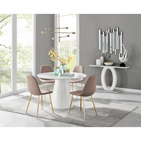 Palma White High Gloss Round Dining Table & 4 Cappuccino Corona Gold Leg Chairs