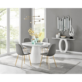 Palma White High Gloss Round Dining Table & 4 Grey Corona Gold Leg Chairs