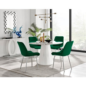 Palma White Marble Effect Round Dining Table & 4 Green Pesaro Silver Chairs