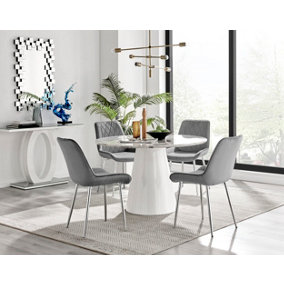 Palma White Marble Effect Round Dining Table & 4 Grey Pesaro Silver Chairs