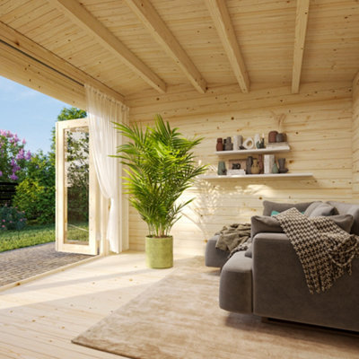 Palmako Ines 11.1 Bi-Fold Summer House - 3.9m x 3.0m - Modern Garden Building 44mm Wall Logs - Double Glazed - 4
