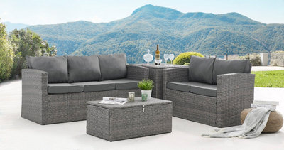 Paloma 4 Piece Outdoor Sofa Grey Rattan Garden Set with Ottoman Chest Storage Tables Dark Grey Cushions