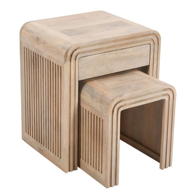 Paloma Carved Mango Wood Nest of 2 Tables with Drawer