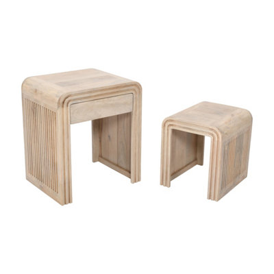 Paloma Carved Mango Wood Nest of 2 Tables with Drawer