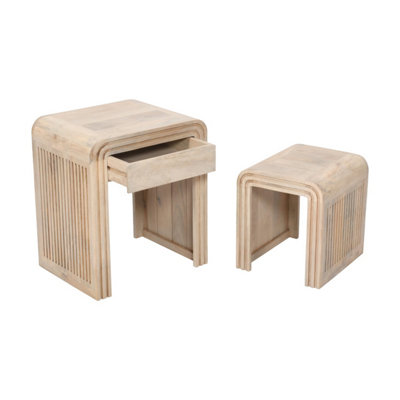 Paloma Carved Mango Wood Nest of 2 Tables with Drawer