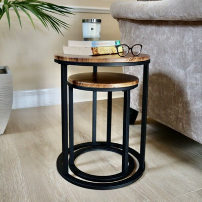 Paloma Set of 2 Round Nesting Table, Vintage Effect Tops and Black Base