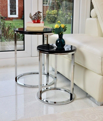 Paloma Set of 2 Round Nesting Tables Glossy Black Tops and Chrome