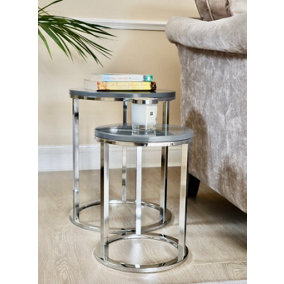 Paloma Set of 2 Round Nesting Tables, Glossy Grey Tops and Chrome Base