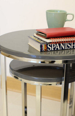 Paloma Set of 2 Round Nesting Tables, Glossy Grey Tops and Chrome Base