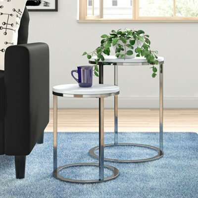 Paloma Set of 2 Round Nesting Tables, Glossy White Tops and Chrome Base