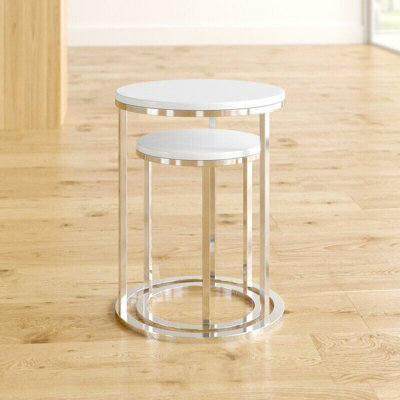 Paloma Set of 2 Round Nesting Tables, Glossy White Tops and Chrome Base
