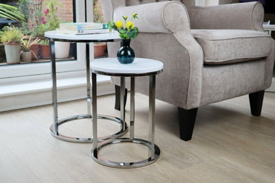 Paloma Set of 2 Round Nesting Tables, Glossy White Tops and Chrome Base