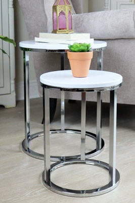 Paloma Set of 2 Round Nesting Tables, Glossy White Tops and Chrome Base