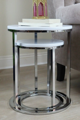 Paloma Set of 2 Round Nesting Tables, Glossy White Tops and Chrome Base