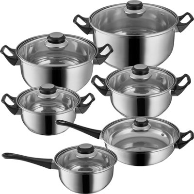 Pan Set - 12-piece, stainless steel pots and pans, glass lid with steam vent - silver