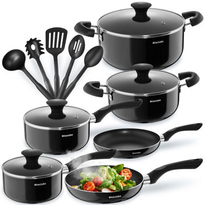 Pan Set Varese - 15-piece, 4 pots, 2 pans, non-stick, including kitchen utensils - black