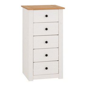 Panama 5 Drawer Narrow Chest in White and Natural Wax Finish