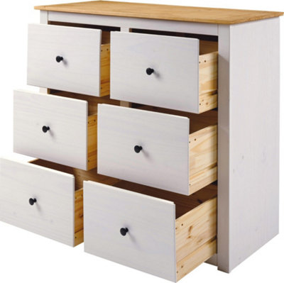 Panama 6 Drawer Wide Chest in White and Natural Wax Finish