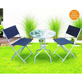 Panama Patio 3 Piece Outdoor Foldable Chairs & Tempered Frosted Glass Table Set For Garden