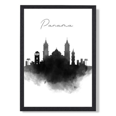 Panama Watercolour Skyline City Framed Print SIZE: A3 with Black Frame
