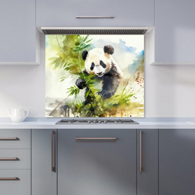 Panda Eating Bamboo Watercolour Premium Glass Kitchen Splashback W600mm x H600mm