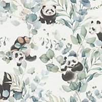Panda Playtime Black White and Green Wallpaper
