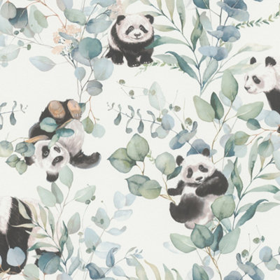 Panda Playtime Black White and Green Wallpaper