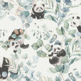 Panda Playtime Black White and Green Wallpaper